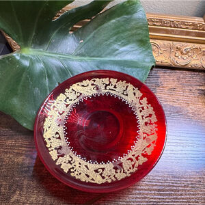 Antique Moser Ruby Hand BlownSaucer Gold Pattern Rare Grapevive Pattern
